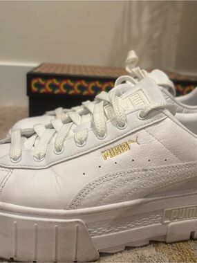 Puma White Leather Platform Sneakers with Gold Branding